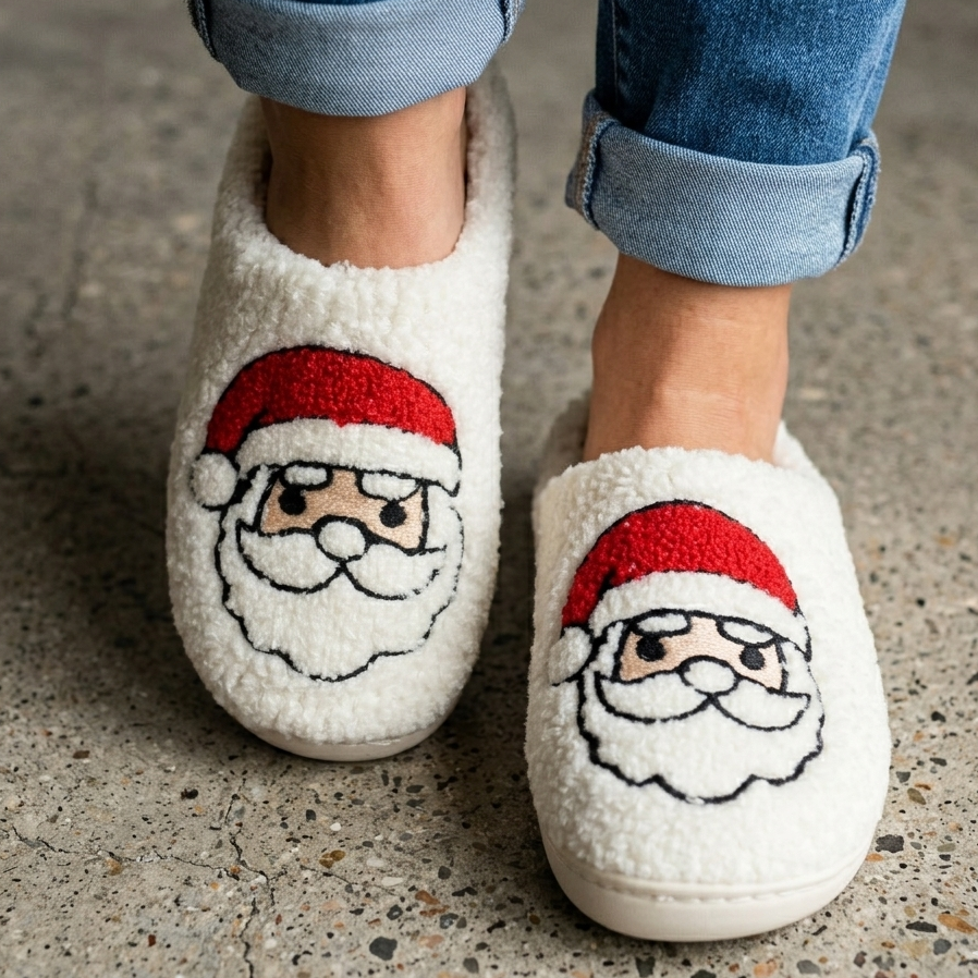 Christmas Santa Plush Slippers – Cozy White Holiday Indoor Shoes