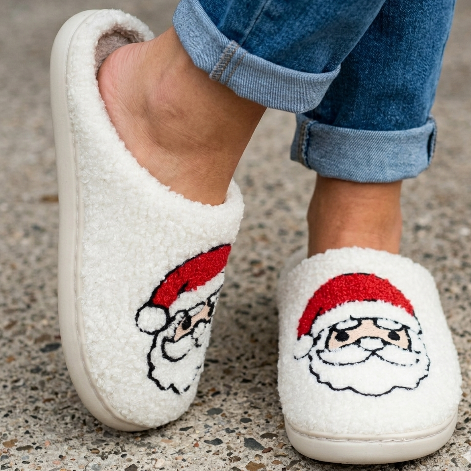 Christmas Santa Plush Slippers – Cozy White Holiday Indoor Shoes