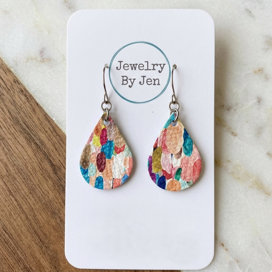 Small Confetti Splash Leather Teardrop Earrings | Jewelry By Jen