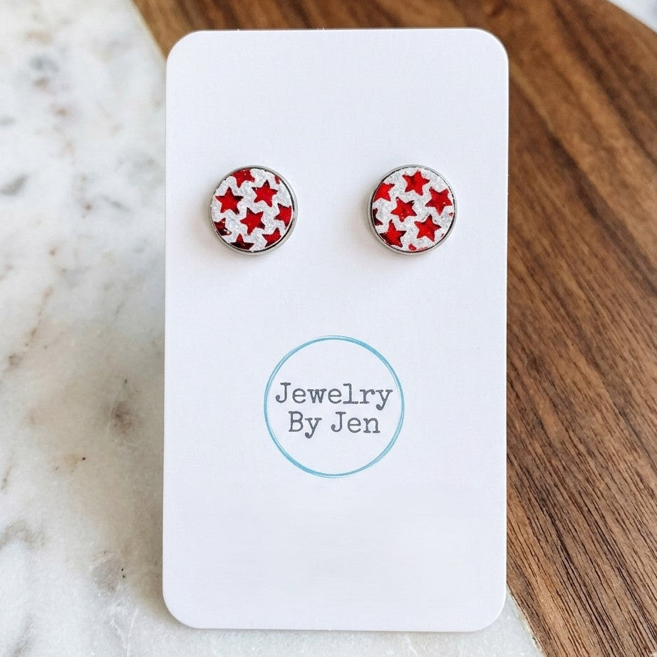 Red Metallic Star Leather Stud Earrings | 12mm Stainless Steel