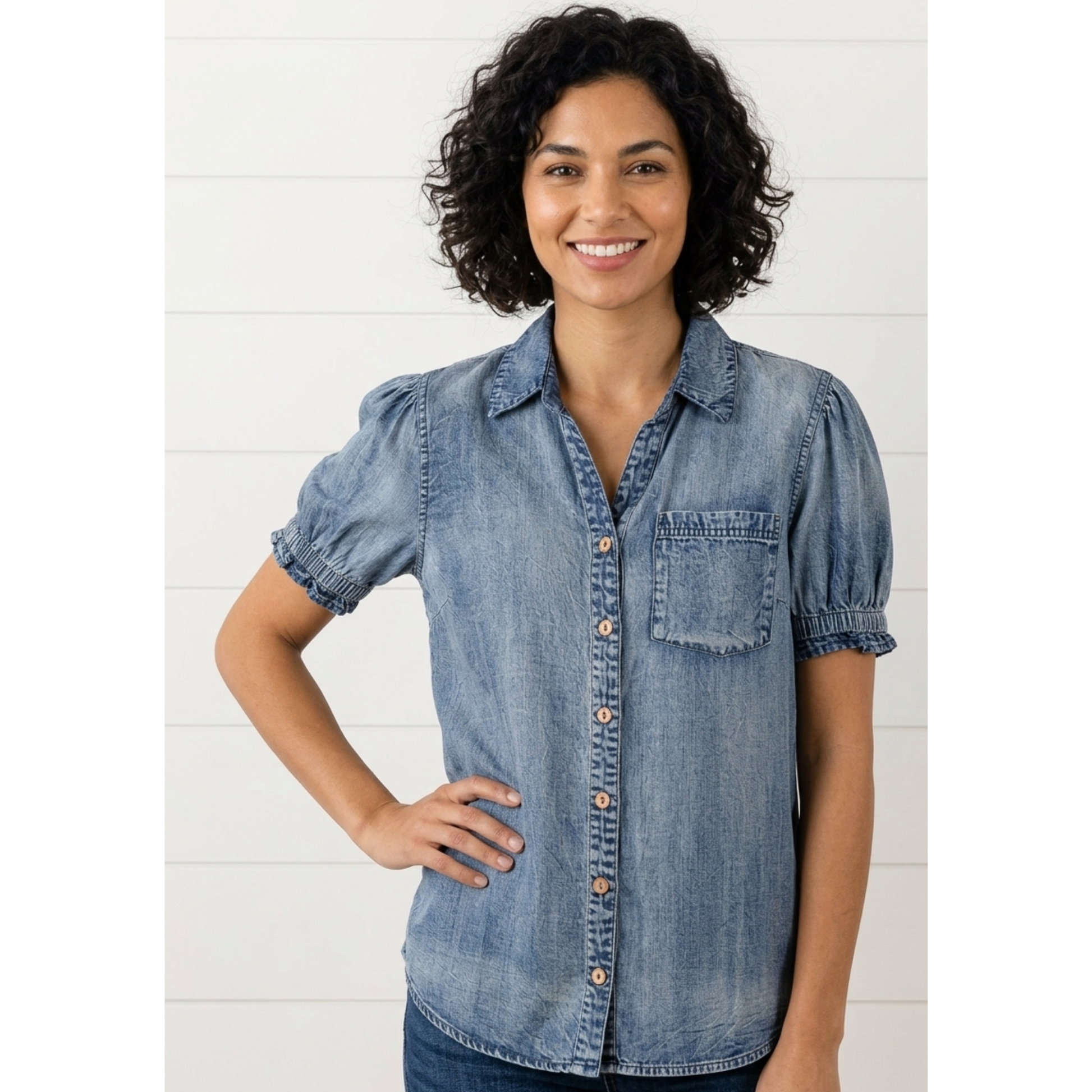 Washed Chambray Puff Sleeve Button-Up Shirt | Mittoshop Indigo Blouse