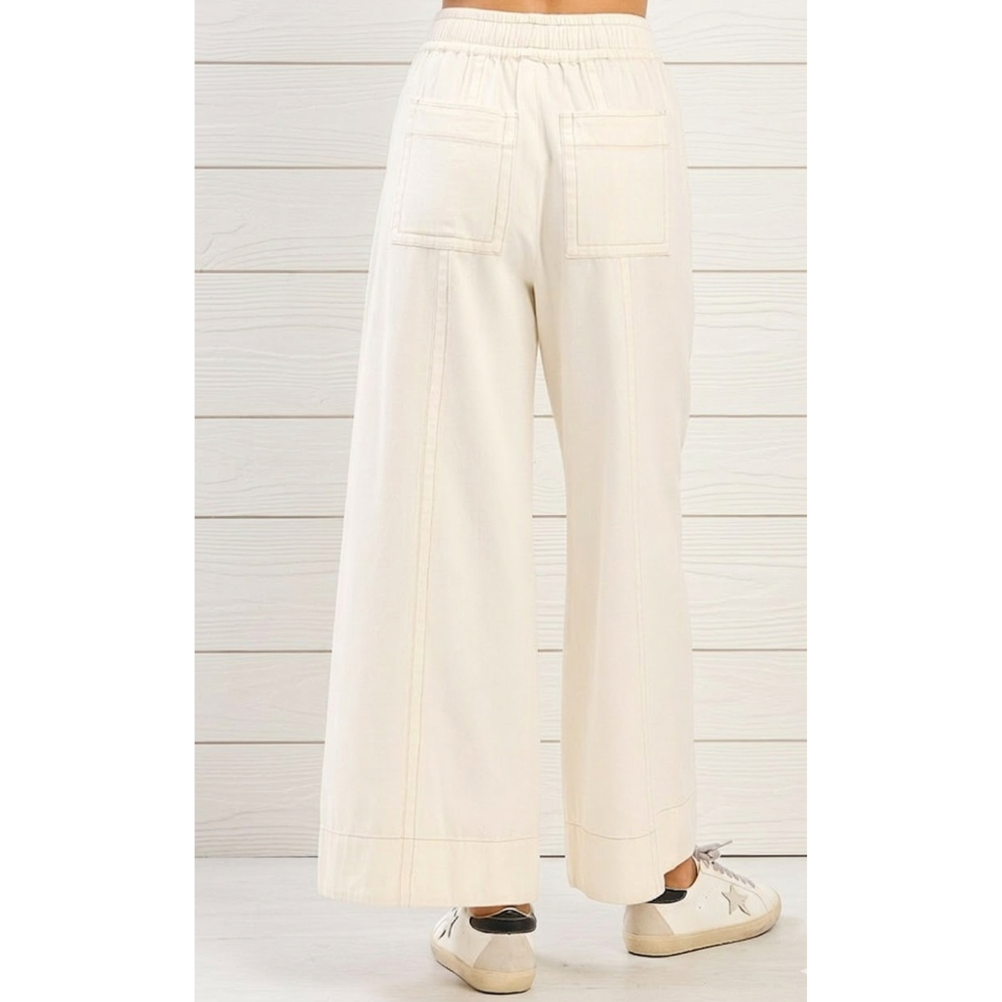 Mineral Wash Wide Leg Twill Pants | Elastic Waist Cotton Pants by Mittoshop
