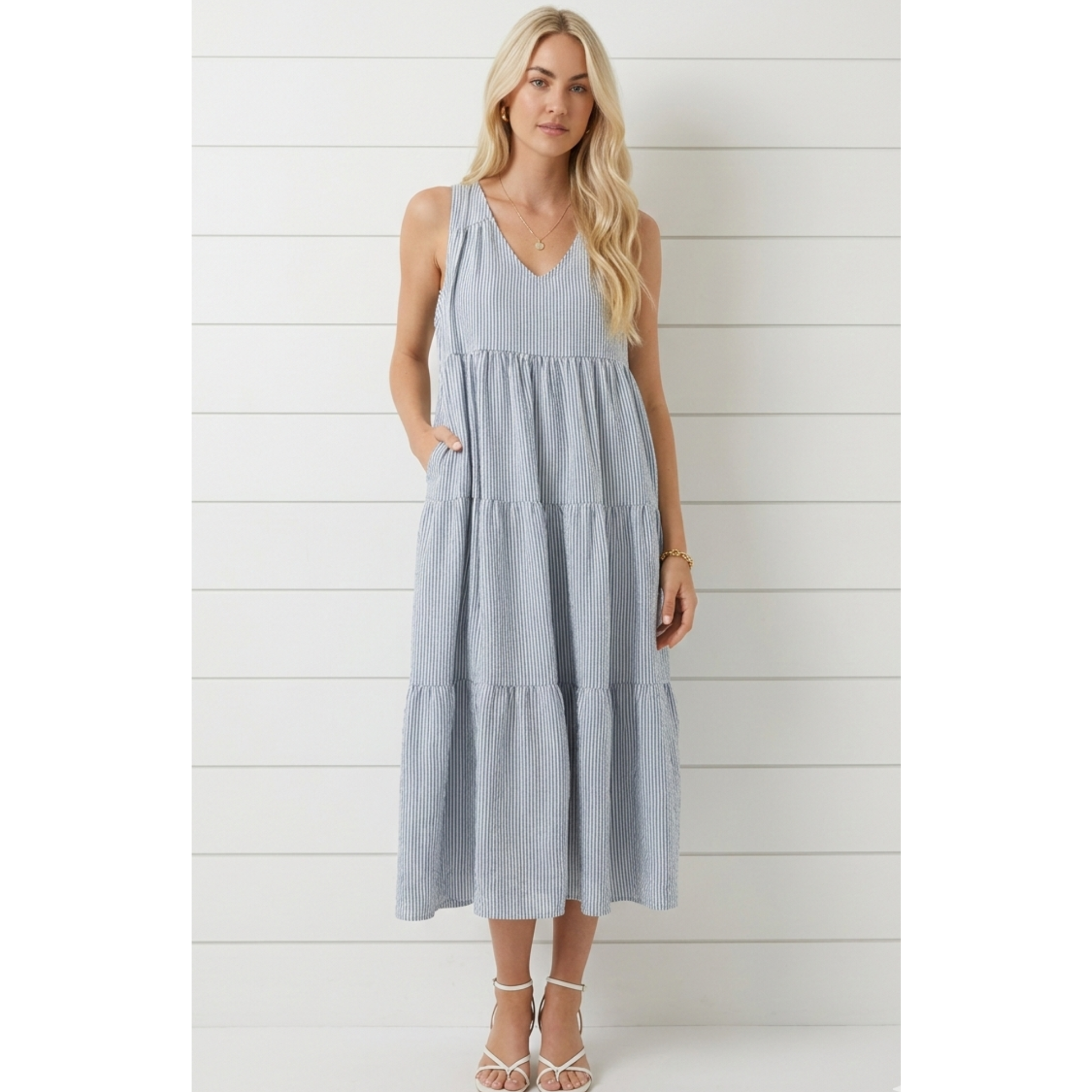 Blue & White Stripe Tiered Maxi Dress | Sleeveless V-Neck | Gilli