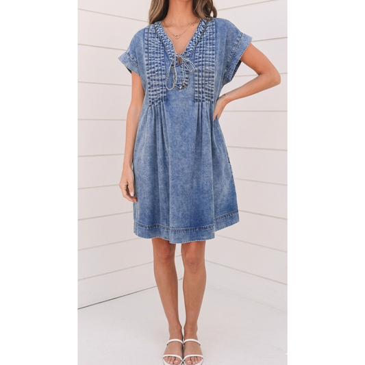Denim Shift Dress with Tie V-Neck & Pockets | Beau Blue Cotton Dress