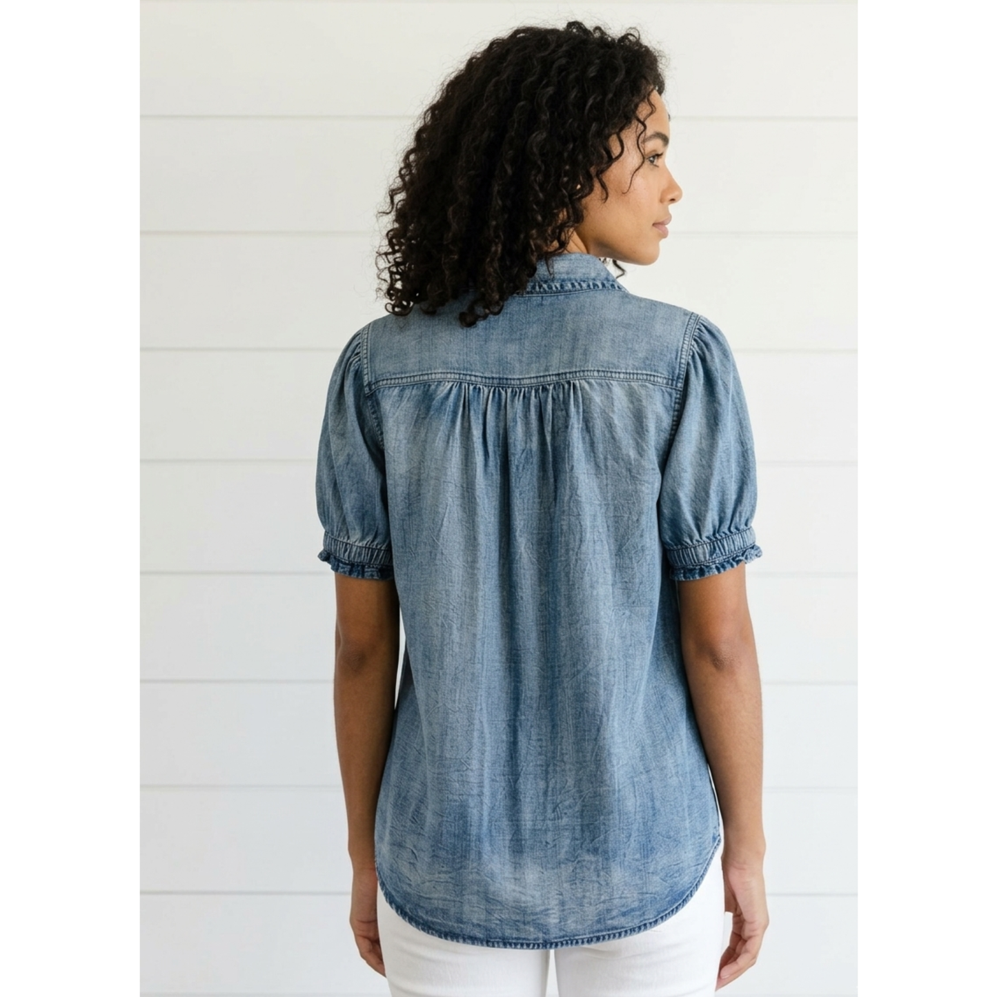 Washed Chambray Puff Sleeve Button-Up Shirt | Mittoshop Indigo Blouse