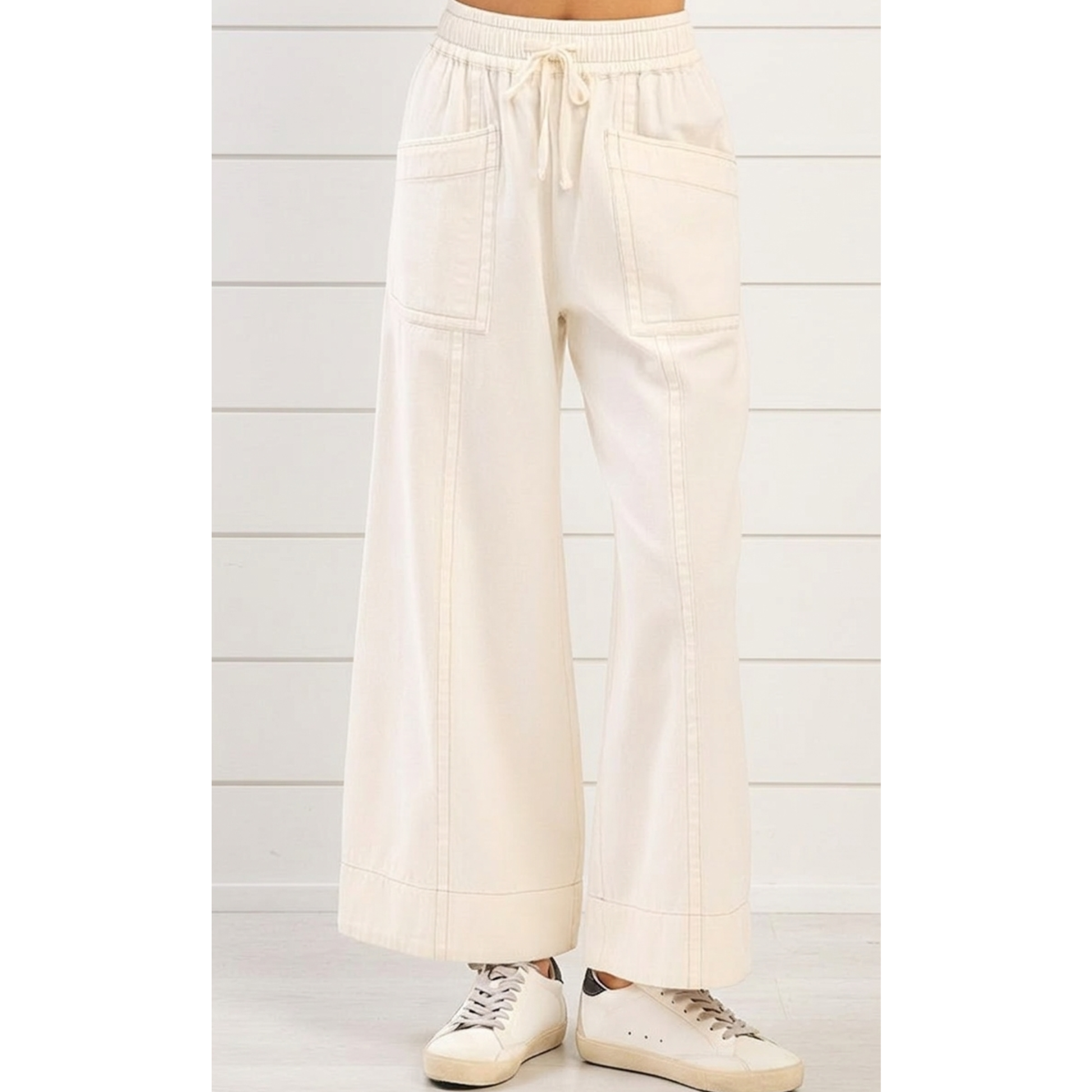 Mineral Wash Wide Leg Twill Pants | Elastic Waist Cotton Pants by Mittoshop