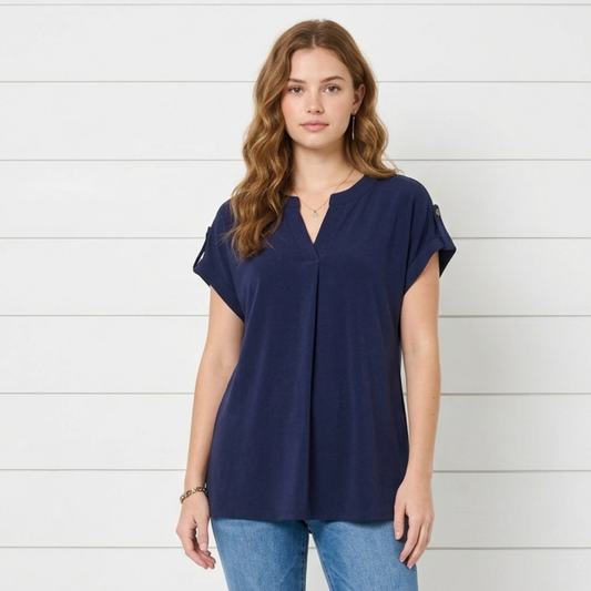 Easy Mandarin Collar Lizzy Top | Navy Wrinkle-Free Top by Dear Scarlett