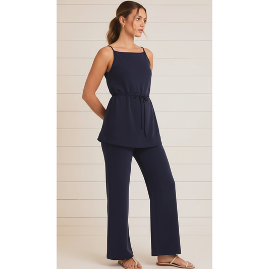 Navy Blue Boat Neck Waist Tie Top & Wide Leg Pants Set | Gilli