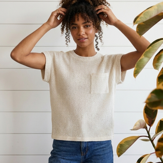 Natural Crew Neck Cuffed Short Sleeve Top with Pocket | Gilli
