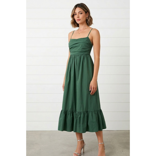 Green Sleeveless Shirring Top Tiered Midi Dress | Sunday Edition