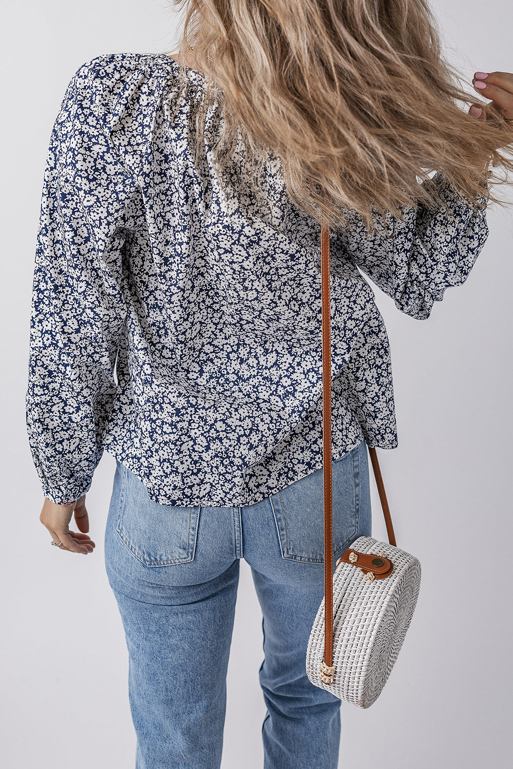 Blue Floral Print Notched V Neck Puff Sleeve Cotton Blouse