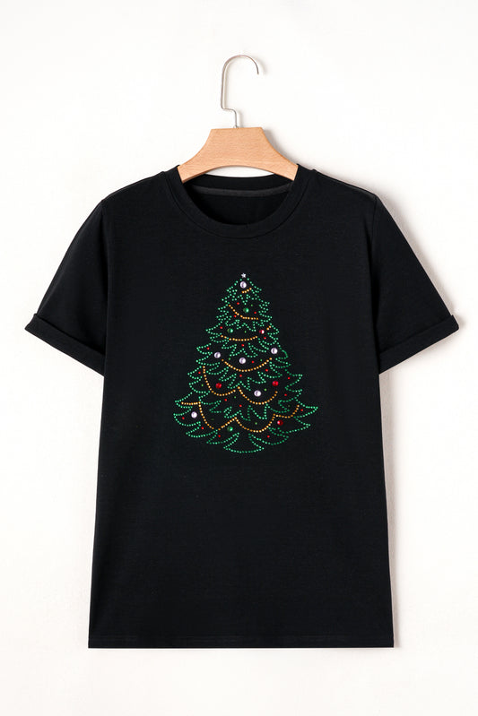Rhinestone Christmas Tree Round Neck Black Tee