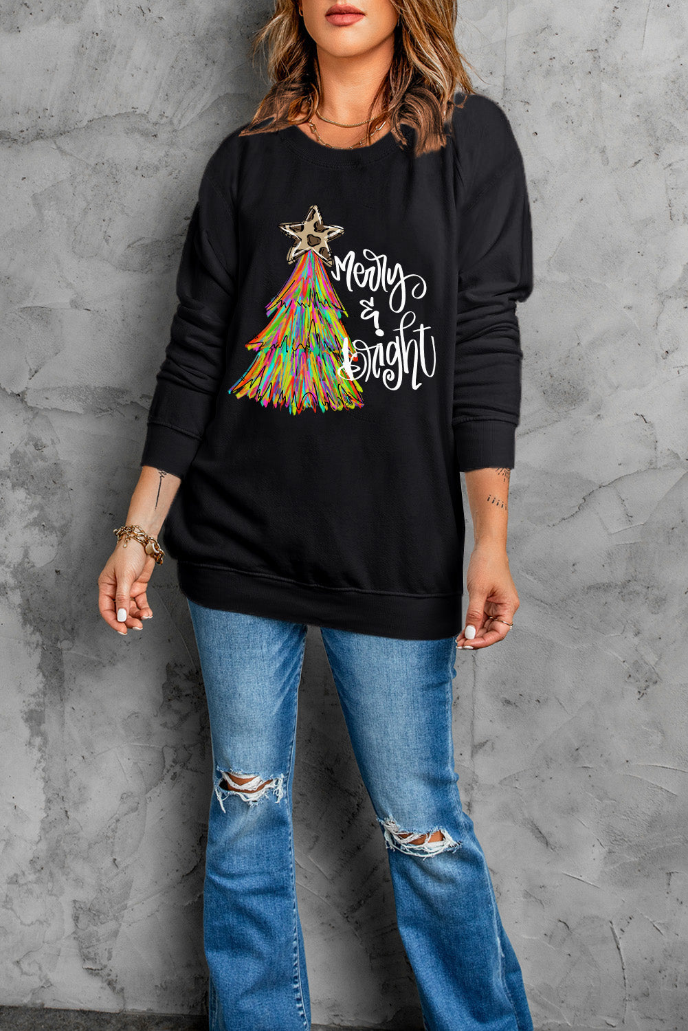 "Merry & Bright" Holiday Black Sweatshirt