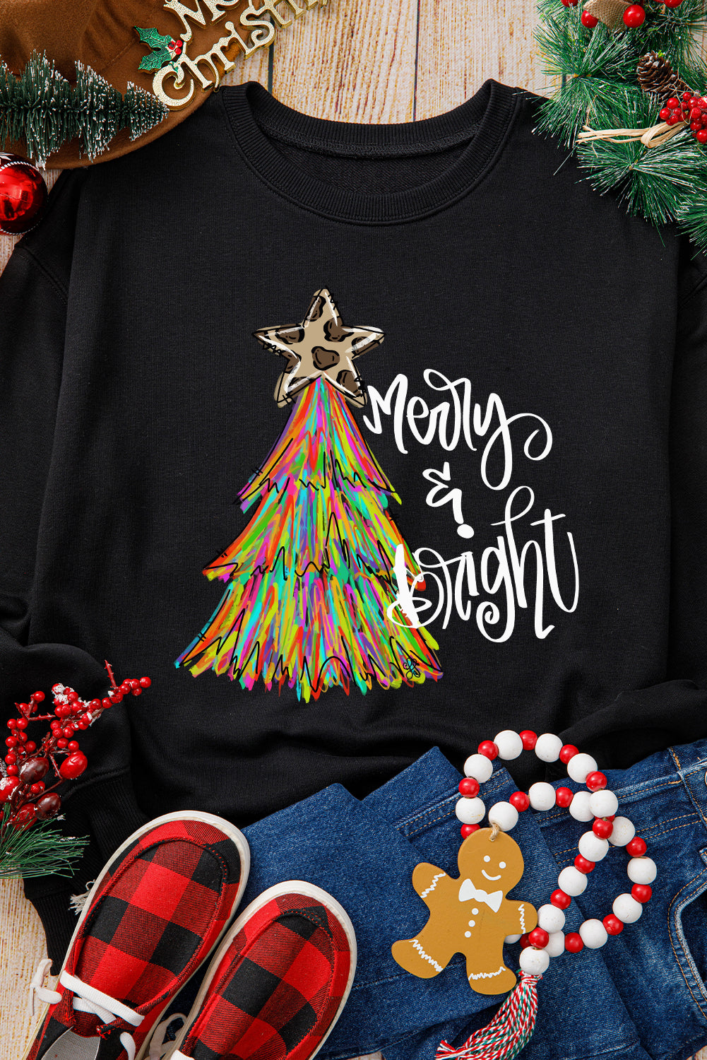 "Merry & Bright" Holiday Black Sweatshirt