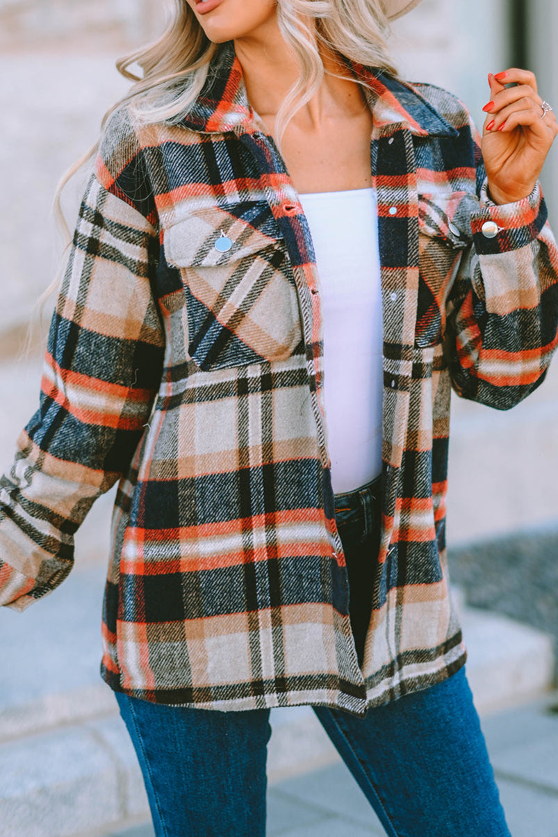 Khaki Geometric Plaid Print Pocketed Shacket