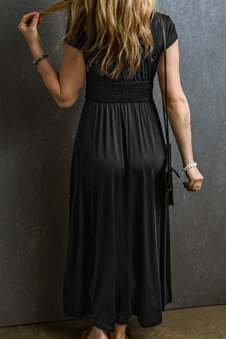 Black Short Sleeve Shirred High Waist V Neck Maxi Dress