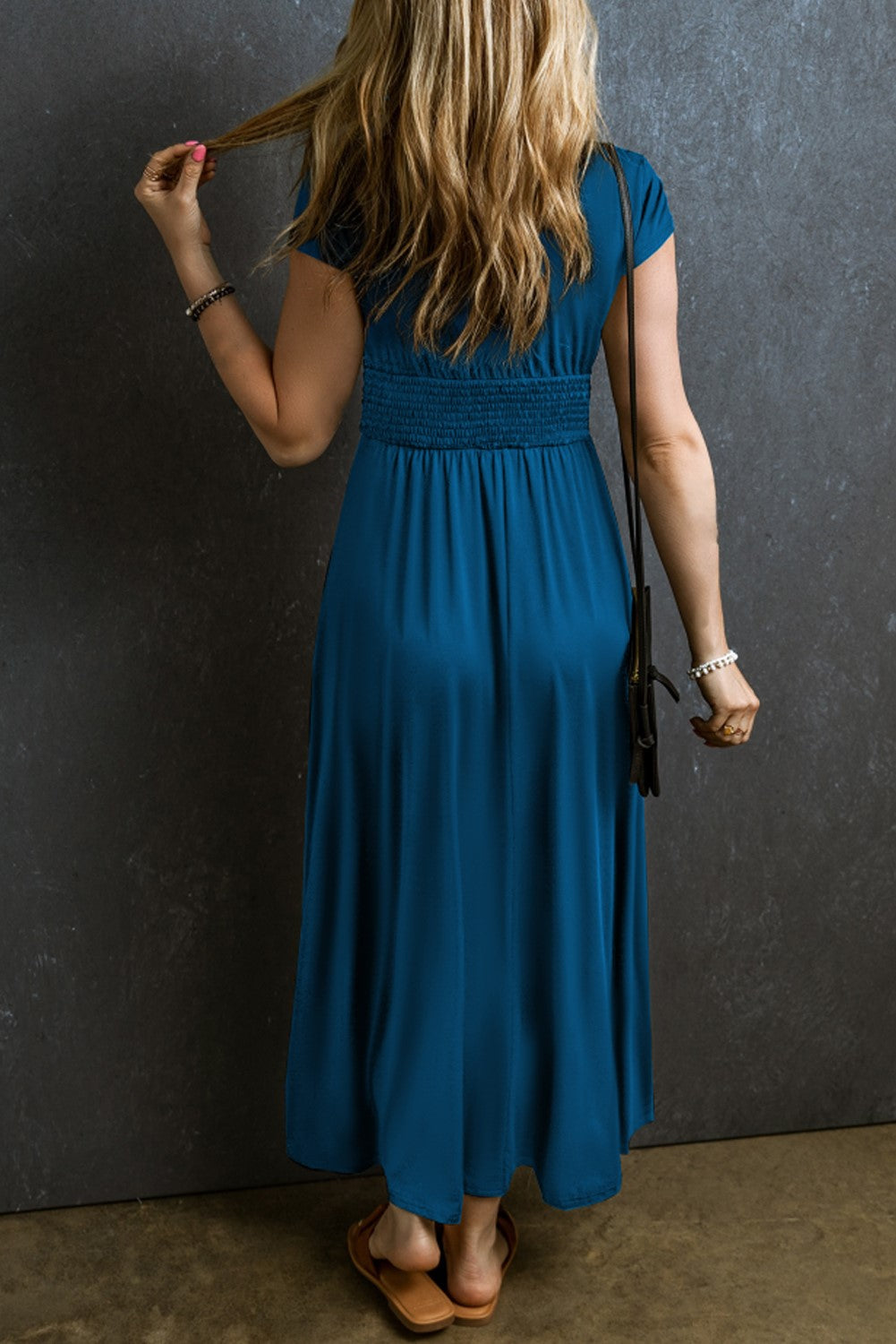 Peacock Blue Short Sleeve Shirred High Waist V Neck Maxi Dress