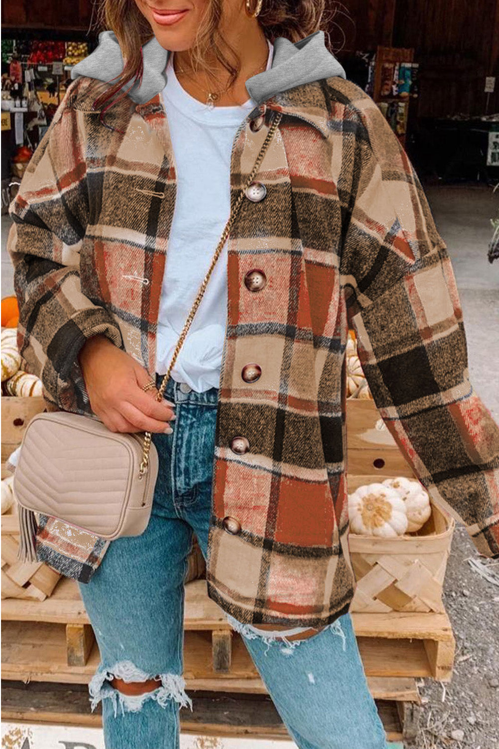 Orange Plaid Button Front Hooded Shacket