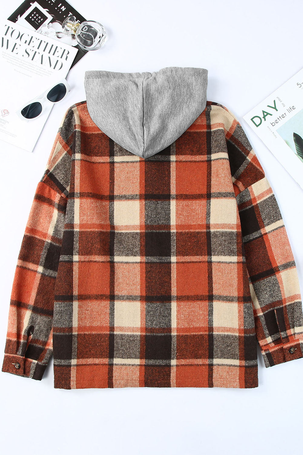 Orange Plaid Button Front Hooded Shacket