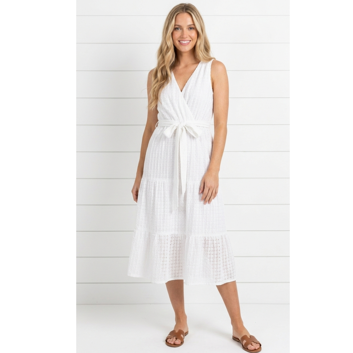 White Eyelet Surplice Waist Tie Midi Dress | Gilli