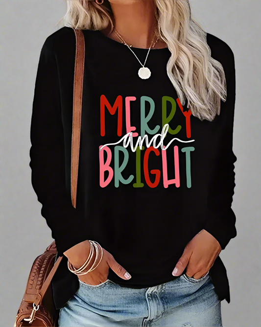 "Merry & Bright" Holiday Black Long Sleeve Tee