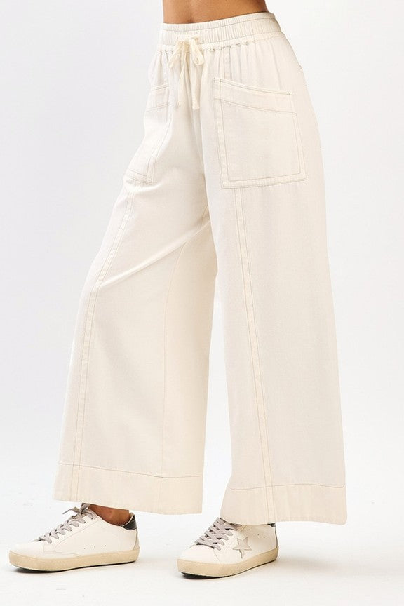 Mineral Wash Wide Leg Elastic Waist Twill Pants – White | mittoshop