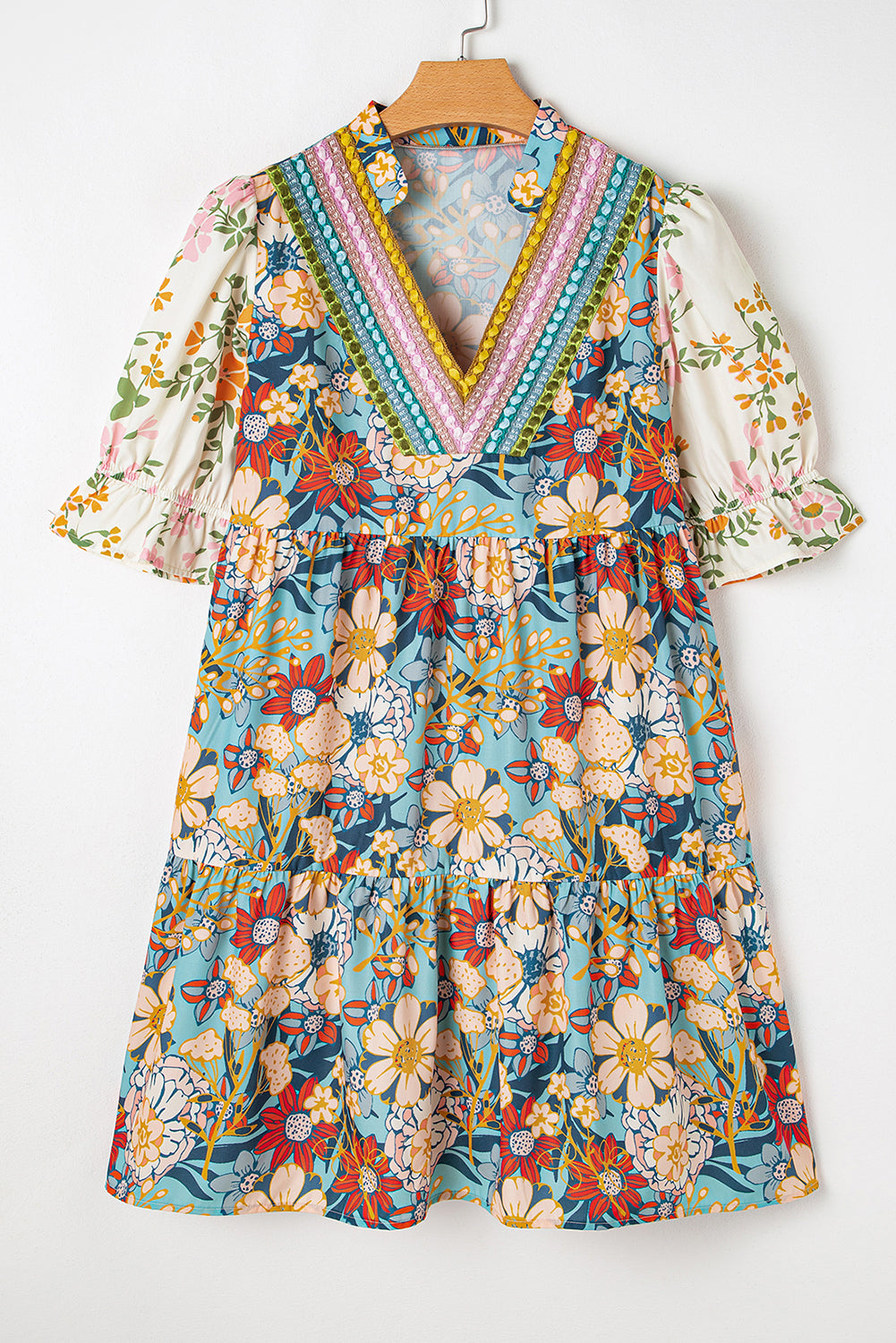 Multicolor Boho Floral Dress Crochet V-Neck Half Sleeve Loose Mini Dress