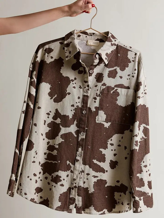 Cow Print Oversize Button Cotton Shirt