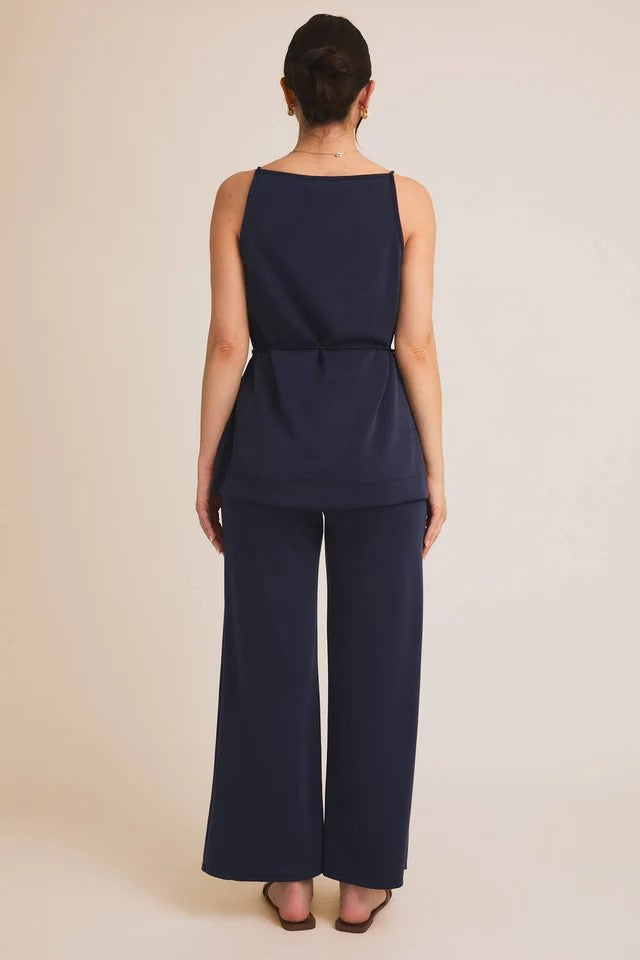 Boat Neck Strap Waist Tie Top and Wide Leg Pants | Gilli