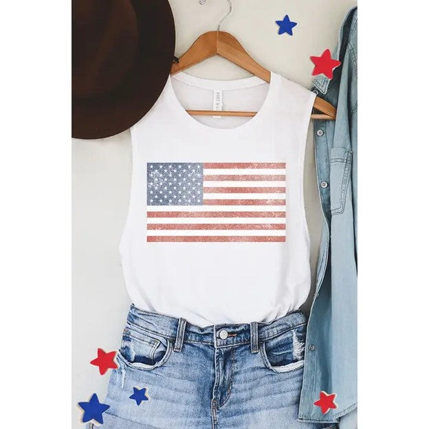 Vintage American Flag White Graphic Tank Top