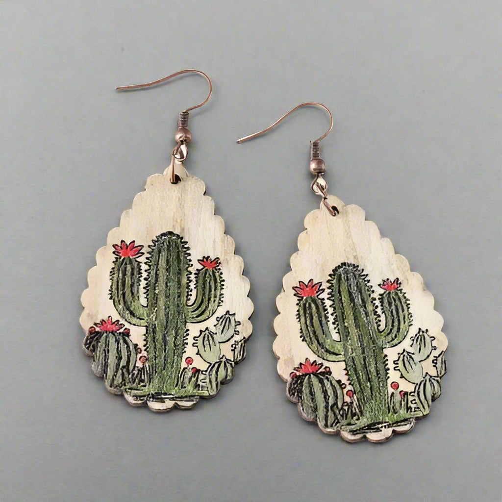 Rustic Wooden Cactus Drop Earrings