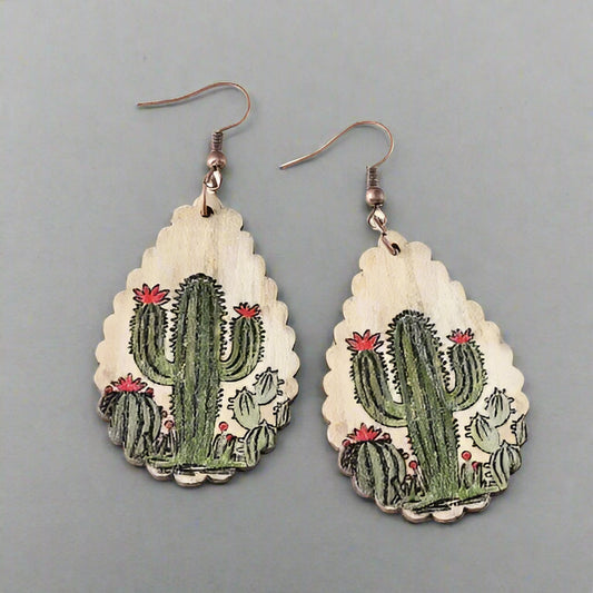 Rustic Wooden Cactus Drop Earrings