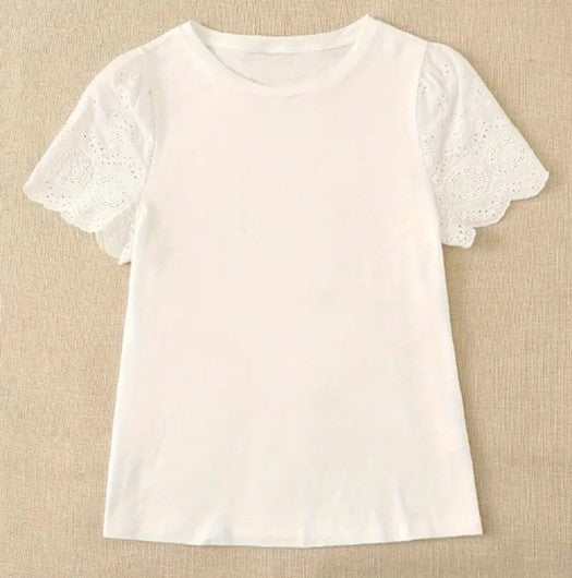 White Tee with Eyelet Bubble Short Sleeves