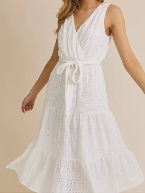 White Surplice Sleeveless Waist Tie Eyelet Midi Dress | Gilli