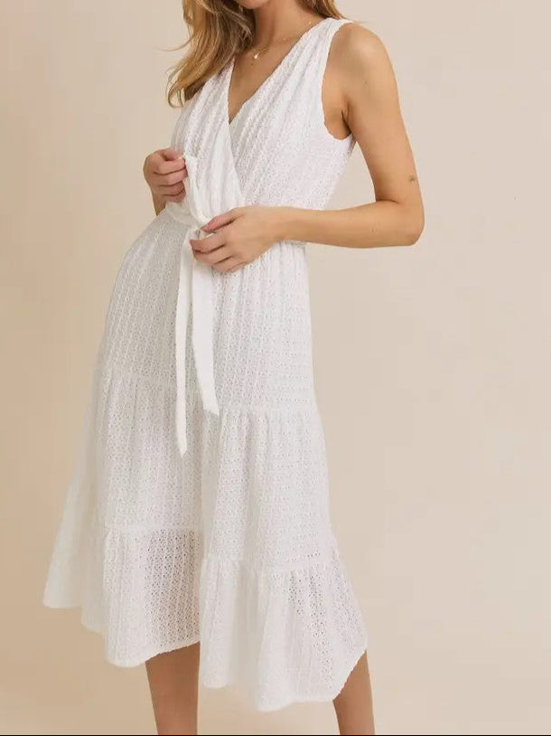 White Surplice Sleeveless Waist Tie Eyelet Midi Dress | Gilli