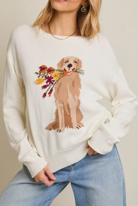 Flower Dog Graphic Light Weight Sweater with Round Roll Up Neck