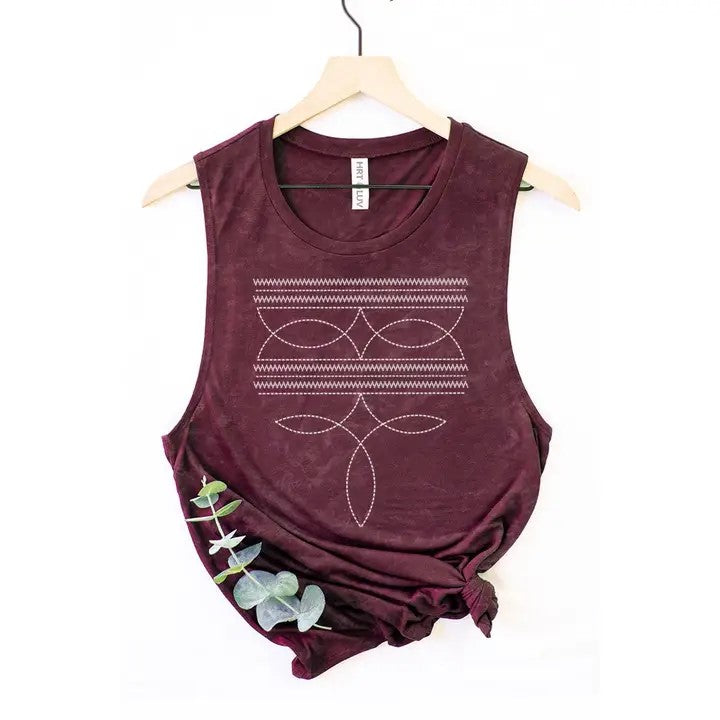 Cowboy Boots Toe Stitched Graphic Burgundy Tank Top