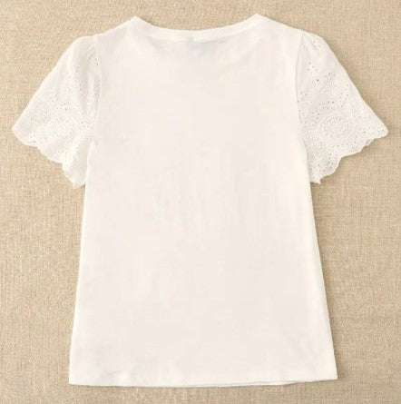 White Tee with Eyelet Bubble Short Sleeves