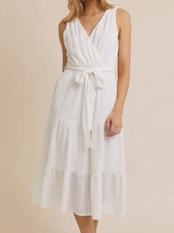 White Surplice Sleeveless Waist Tie Eyelet Midi Dress | Gilli