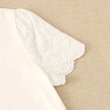 White Tee with Eyelet Bubble Short Sleeves