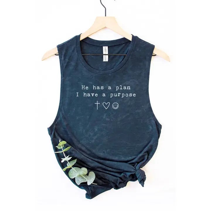 "He has a plan" Graphic Mineral Navy Tank Top