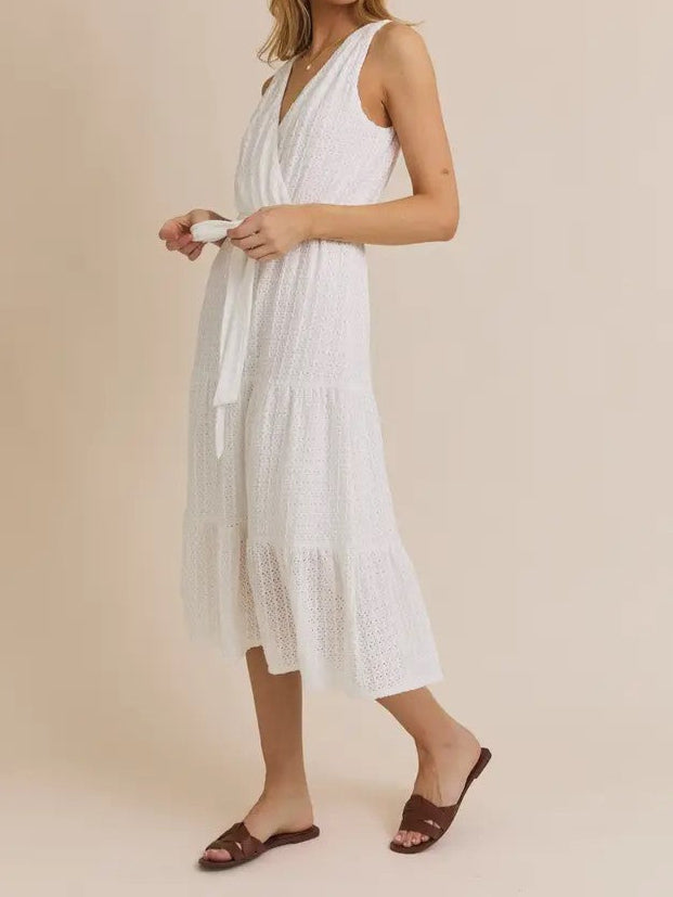 White Surplice Sleeveless Waist Tie Eyelet Midi Dress | Gilli