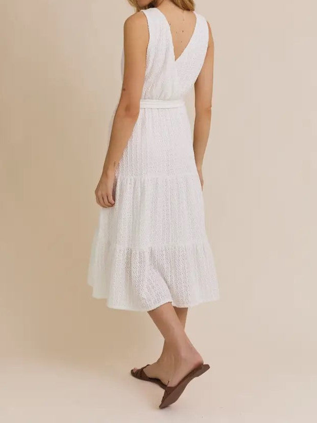 White Surplice Sleeveless Waist Tie Eyelet Midi Dress | Gilli