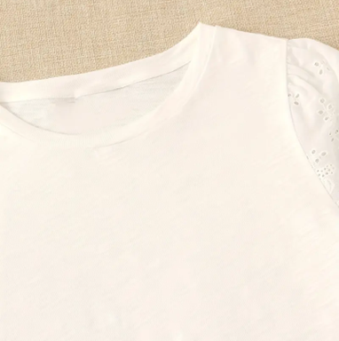 White Tee with Eyelet Bubble Short Sleeves