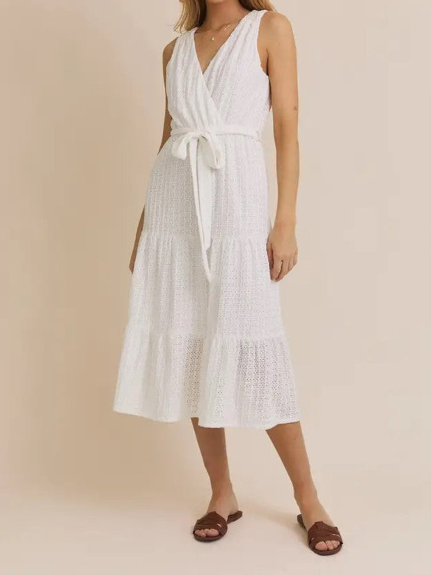 Surplice Sleeveless Waist Tie Eyelet Midi Dress