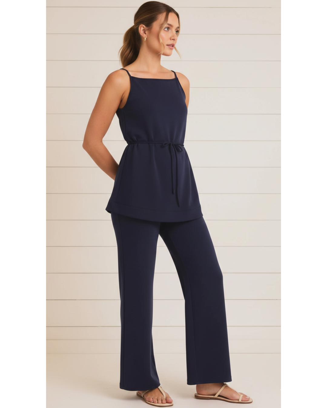 Navy Blue Boat Neck Waist Tie Top & Wide Leg Pants Set | Gilli