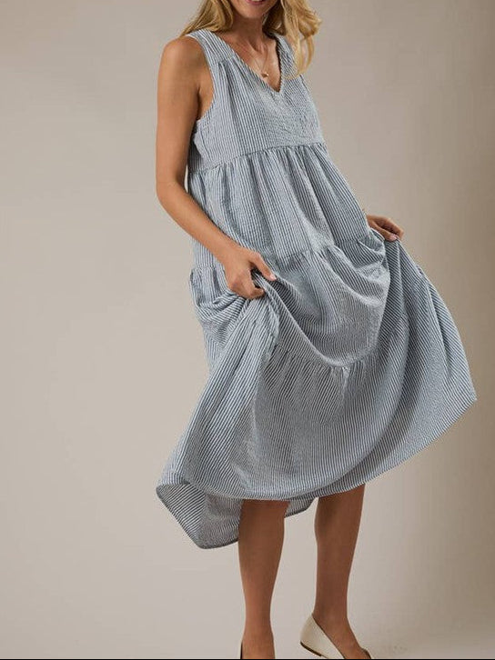 Blue & White Stripe Tiered Maxi Dress | Sleeveless V-Neck | Gilli