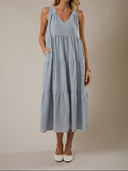 V-Neck Sleeveless Tiered Stripe Maxi Dress – Blue & White | Gilli