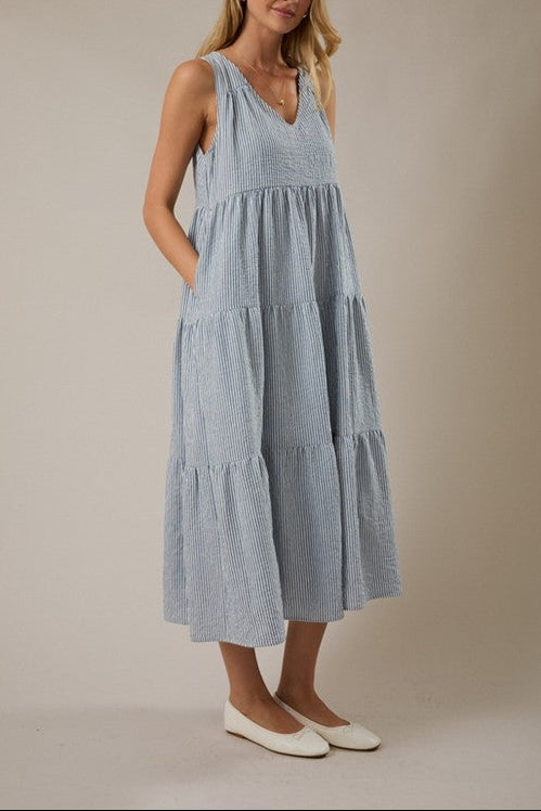 V-Neck Sleeveless Tiered Stripe Maxi Dress – Blue & White | Gilli