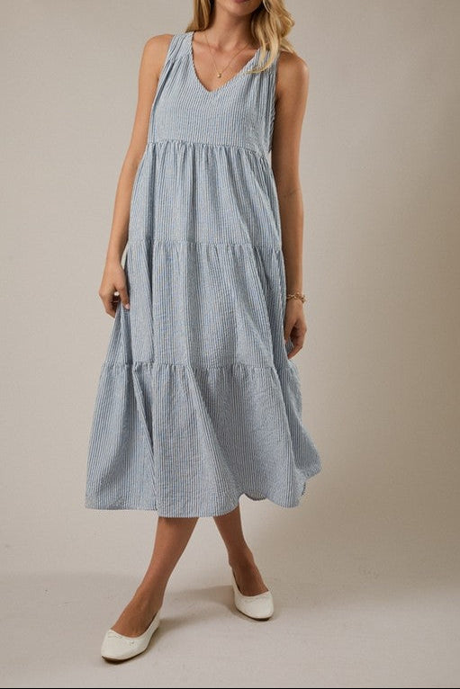 V-Neck Sleeveless Tiered Stripe Maxi Dress – Blue & White | Gilli